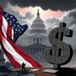Flick International Dramatic illustration of the U.S. flag unfurling amidst crumbling government buildings, representing turmoil within USAID.