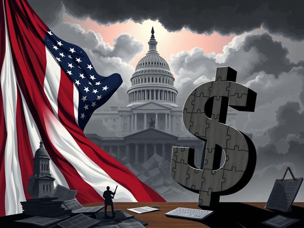Flick International Dramatic illustration of the U.S. flag unfurling amidst crumbling government buildings, representing turmoil within USAID.