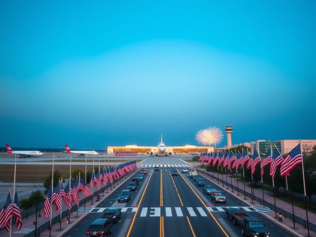 Flick International A wide view of Ronald Reagan National Airport with aircraft grounded, showcasing a festive military parade atmosphere.