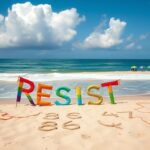 Flick International A vibrant beach protest scene in California, featuring a colorful 'Resist!' banner and the phrase '86 47' written in the sand.