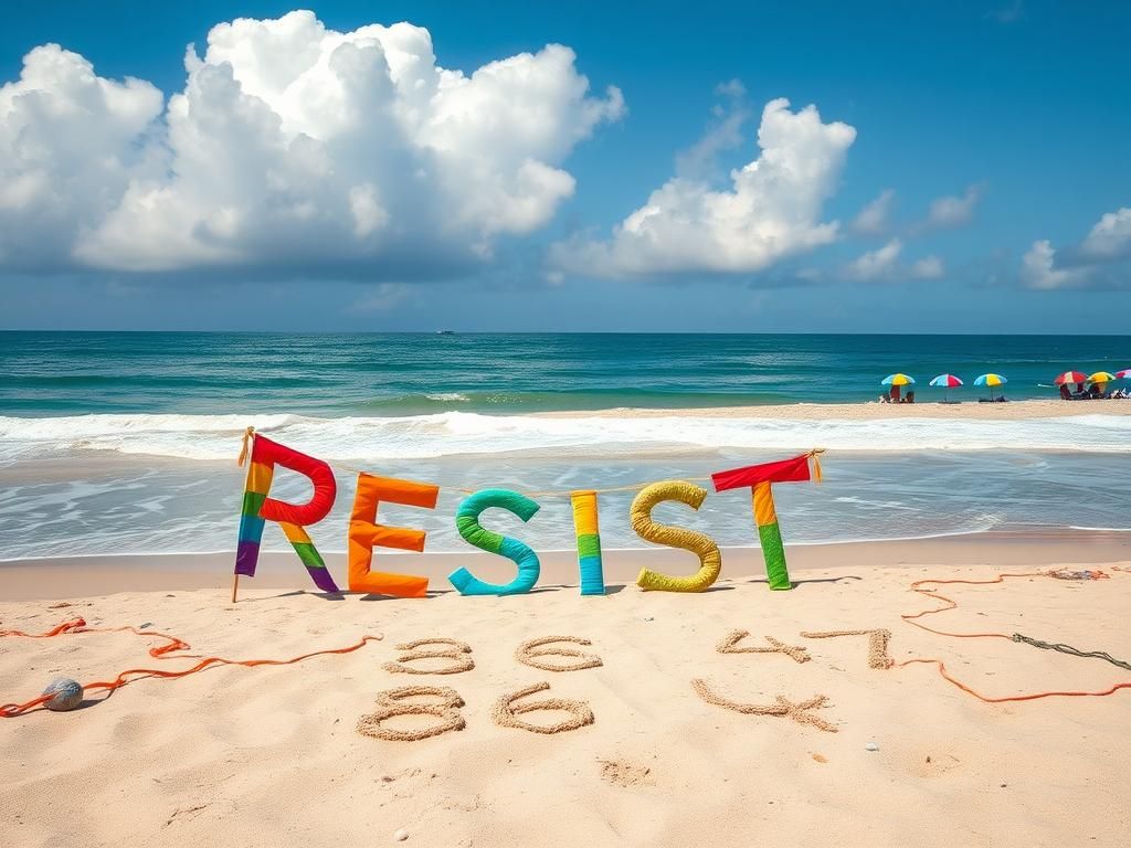Flick International A vibrant beach protest scene in California, featuring a colorful 'Resist!' banner and the phrase '86 47' written in the sand.