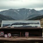 Flick International Rustic wooden table displaying firearms under a glass case in a Colorado mountain landscape