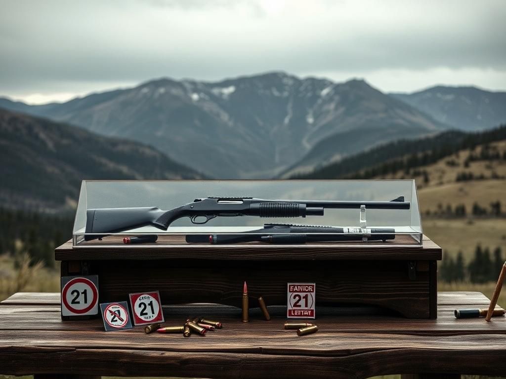 Flick International Rustic wooden table displaying firearms under a glass case in a Colorado mountain landscape