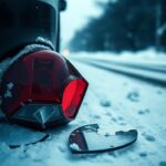 Flick International Close-up view of a shattered vehicle taillight on snow-covered ground