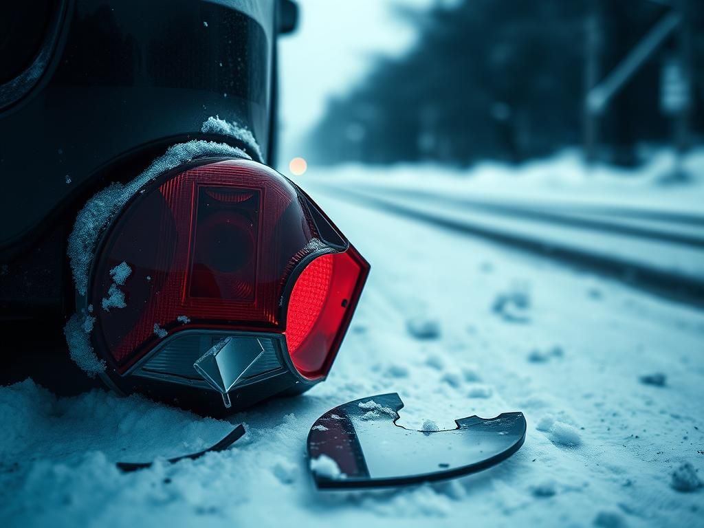 Flick International Close-up view of a shattered vehicle taillight on snow-covered ground
