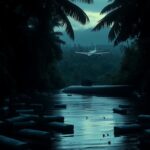 Flick International Semi-submersible 'narco sub' partially submerged in murky waters of Guyana's dense jungle