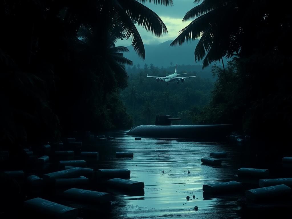 Flick International Semi-submersible 'narco sub' partially submerged in murky waters of Guyana's dense jungle