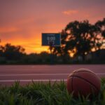 Flick International Serene sunset over a quiet high school basketball court symbolizing the end of a game and a life.
