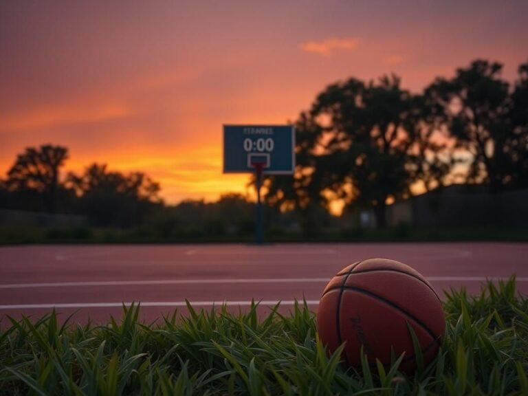 Flick International Serene sunset over a quiet high school basketball court symbolizing the end of a game and a life.