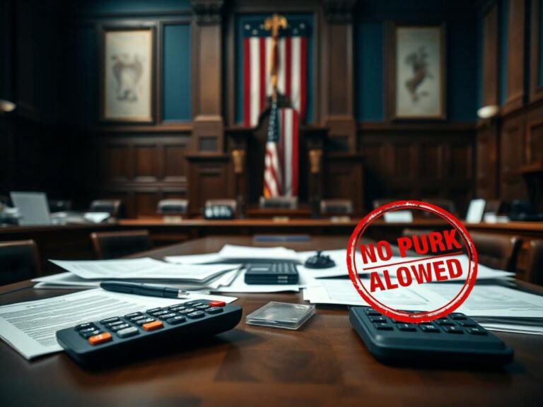 Flick International Close-up of a wooden legislative desk with budget documents and a 'no pork allowed' stamp