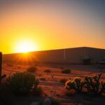 Flick International A newly constructed section of the U.S.-Mexico border wall at sunset, showcasing reinforced steel panels against a desert landscape.