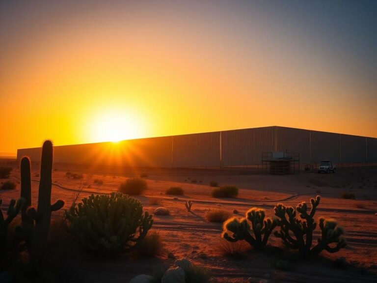 Flick International A newly constructed section of the U.S.-Mexico border wall at sunset, showcasing reinforced steel panels against a desert landscape.