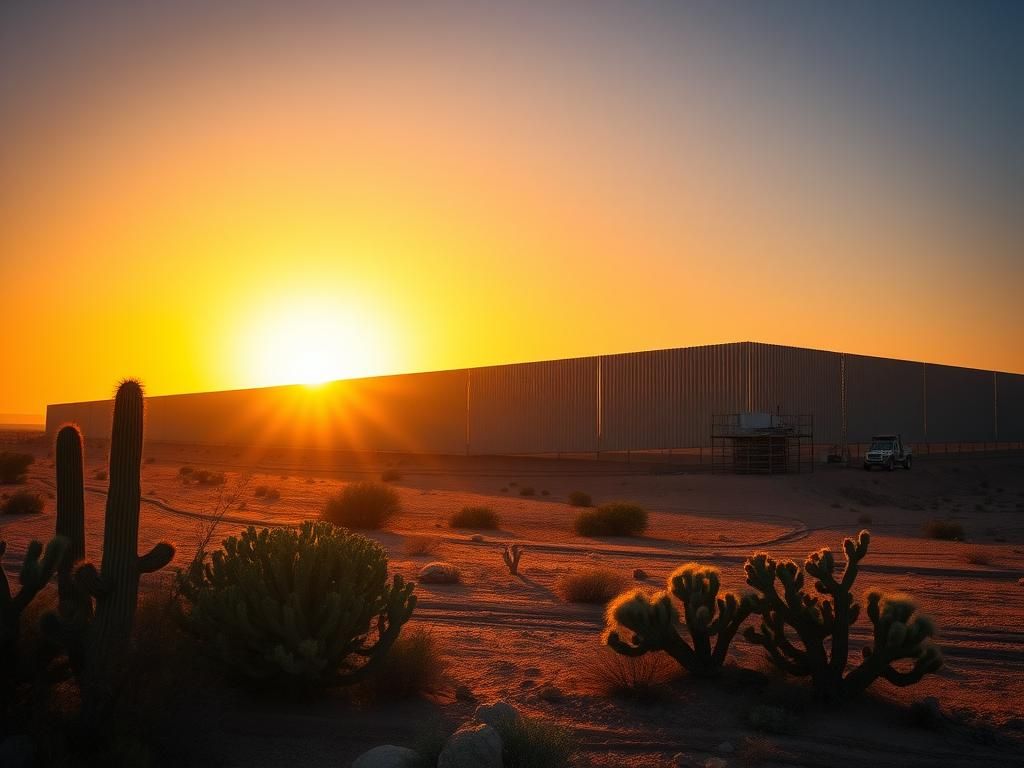 Flick International A newly constructed section of the U.S.-Mexico border wall at sunset, showcasing reinforced steel panels against a desert landscape.