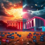 Flick International A dramatic depiction of the clash between Donald Trump and Elon Musk, showcasing the White House and a high-tech facility.