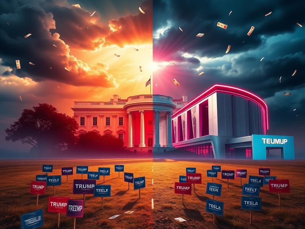 Flick International A dramatic depiction of the clash between Donald Trump and Elon Musk, showcasing the White House and a high-tech facility.