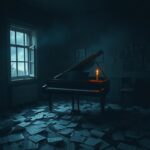Flick International Dimly lit room with a grand piano and scattered sheet music reflecting turmoil and creativity.