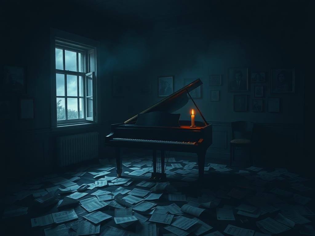 Flick International Dimly lit room with a grand piano and scattered sheet music reflecting turmoil and creativity.
