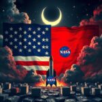 Flick International Abstract representation of a divided political landscape with an American flag split in blue and red tones, featuring a rocket silhouette and NASA logo.