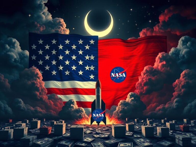 Flick International Abstract representation of a divided political landscape with an American flag split in blue and red tones, featuring a rocket silhouette and NASA logo.