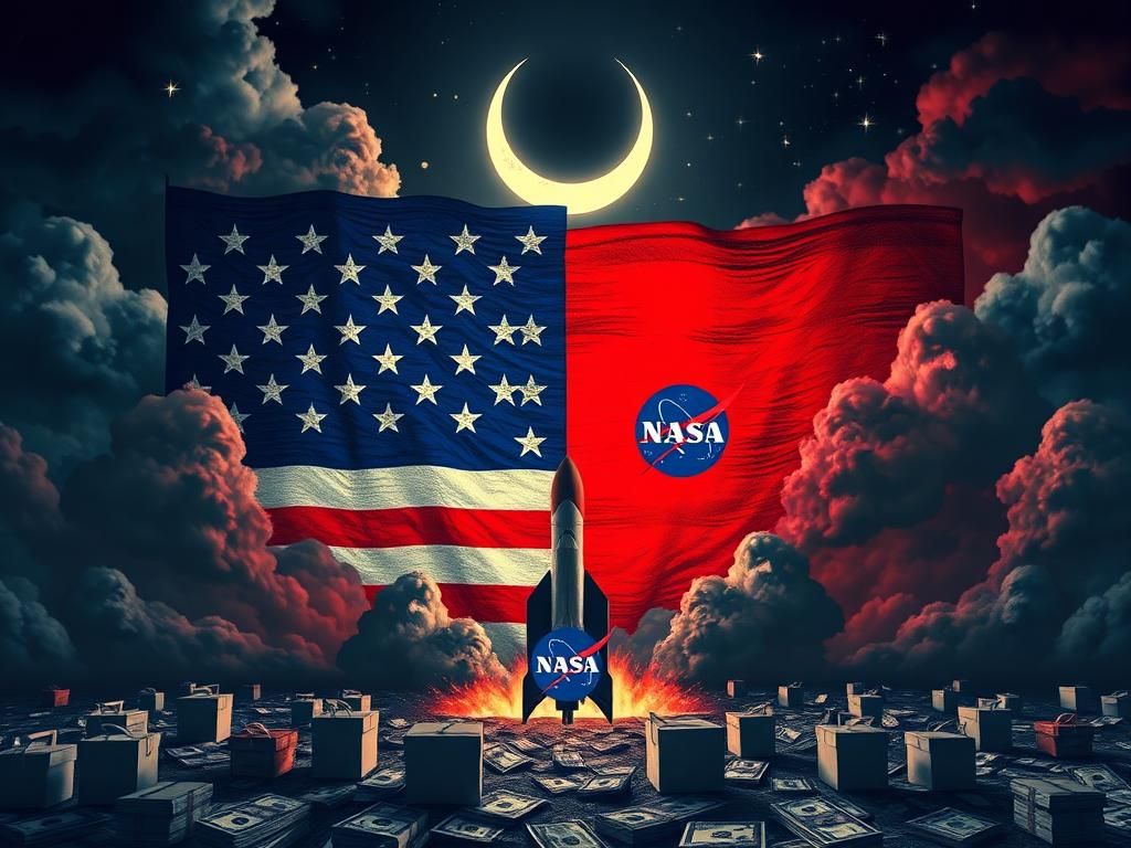Flick International Abstract representation of a divided political landscape with an American flag split in blue and red tones, featuring a rocket silhouette and NASA logo.