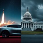 Flick International Split-image showing a Tesla car under a starry sky with a SpaceX rocket launching on one side, contrasted with a traditional government building amid stormy weather on the other.