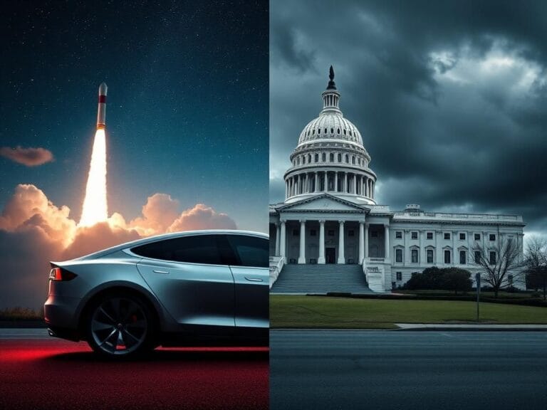 Flick International Split-image showing a Tesla car under a starry sky with a SpaceX rocket launching on one side, contrasted with a traditional government building amid stormy weather on the other.