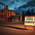 Flick International Dramatic urban landscape symbolizing sanctuary cities with a large, weathered city hall and closed Small Business Administration office