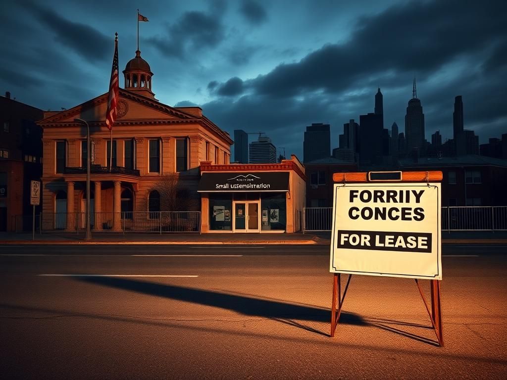Flick International Dramatic urban landscape symbolizing sanctuary cities with a large, weathered city hall and closed Small Business Administration office