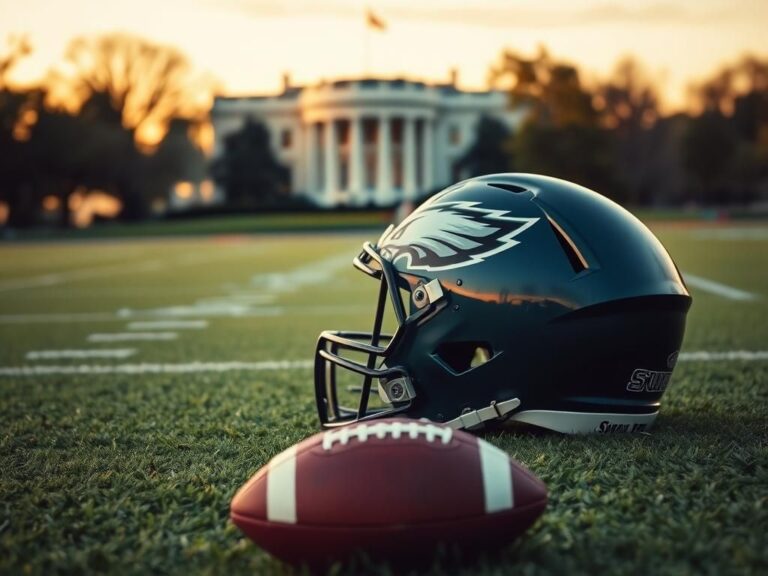 Flick International Close-up of a Philadelphia Eagles helmet on a green football field with the White House blurred in the background