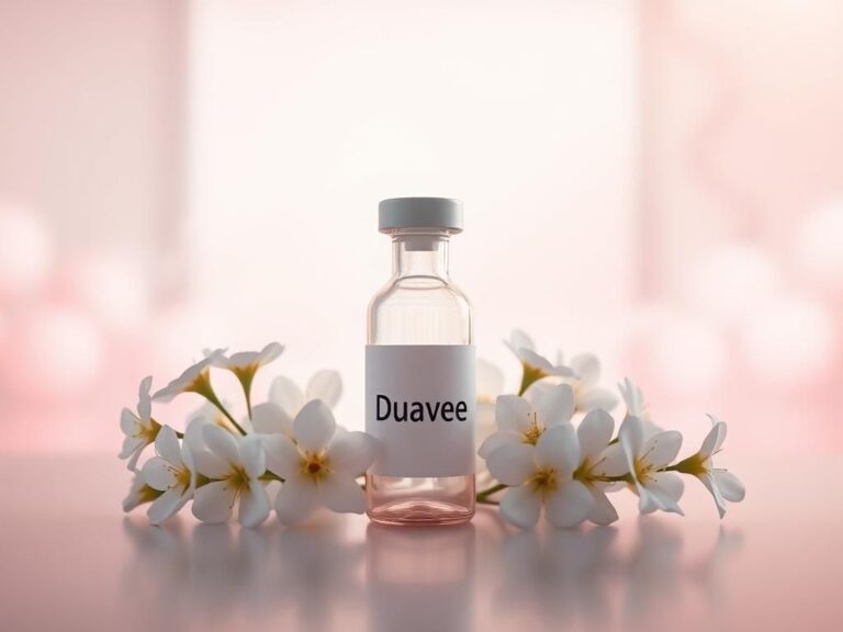 Flick International A clear glass vial labeled 'Duavee' surrounded by delicate white flowers in a serene medical setting