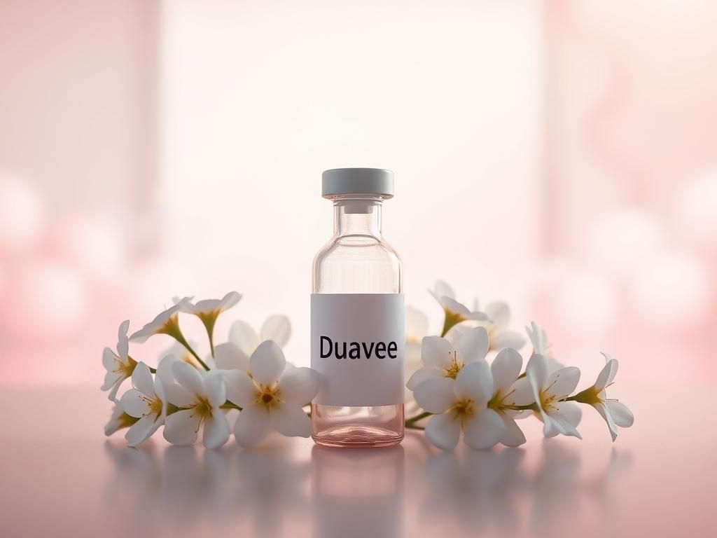 Flick International A clear glass vial labeled 'Duavee' surrounded by delicate white flowers in a serene medical setting