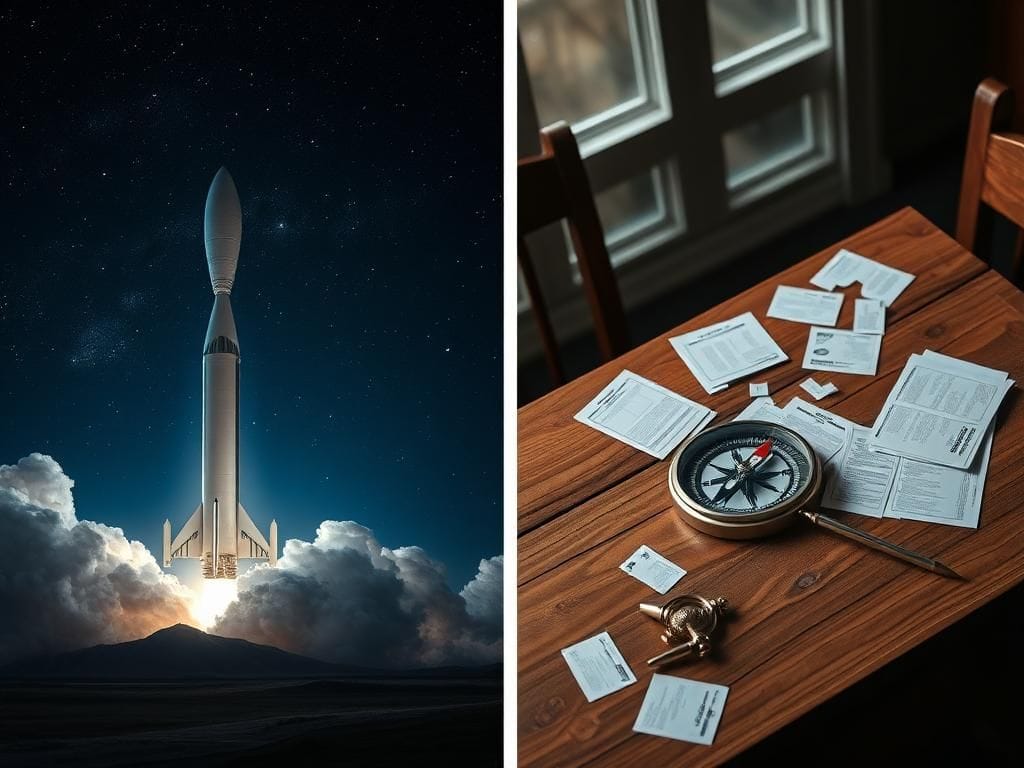 Flick International A split-scene image contrasting a SpaceX rocket launch with a broken compass amidst political documents