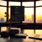 Flick International A bright office space with a wooden desk, legal documents, and a view of a city skyline at dusk
