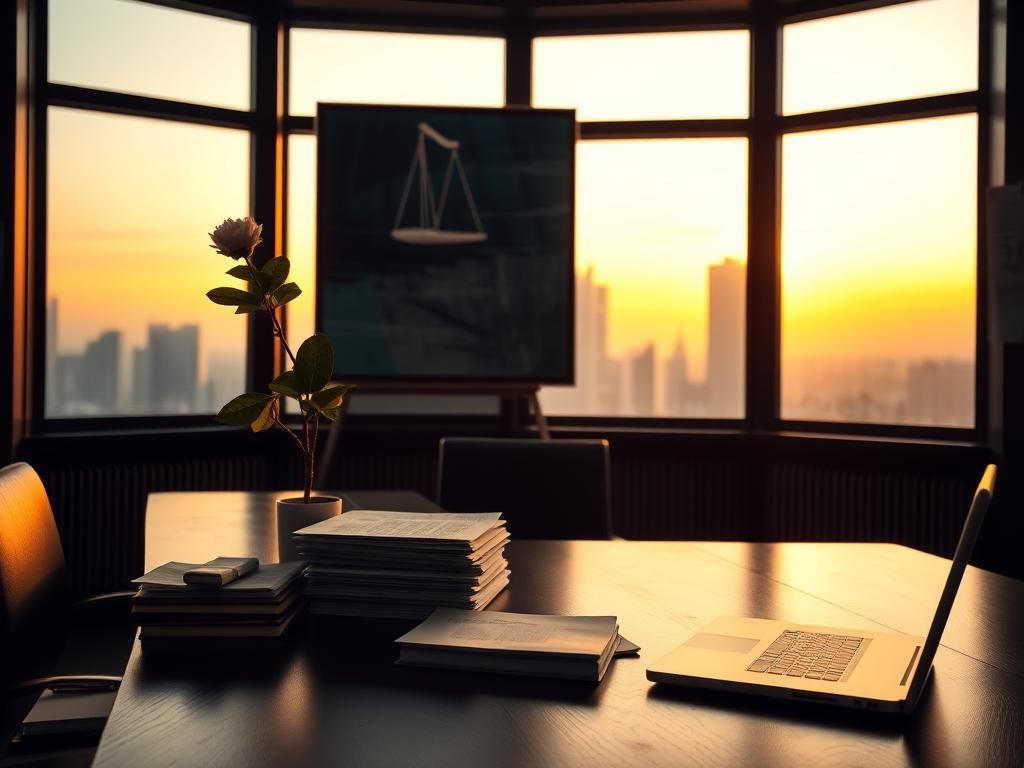 Flick International A bright office space with a wooden desk, legal documents, and a view of a city skyline at dusk