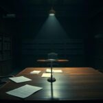 Flick International Somber interior of a judge's chambers with empty wooden desk and legal documents
