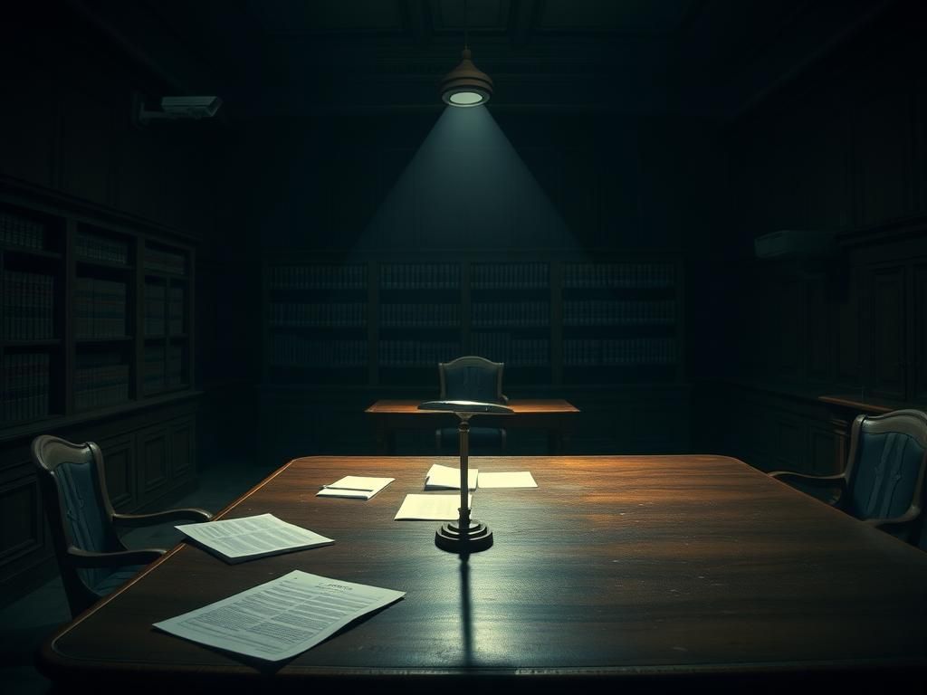 Flick International Somber interior of a judge's chambers with empty wooden desk and legal documents