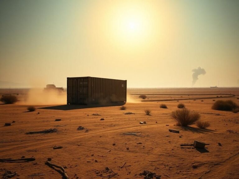 Flick International Stark landscape depicting a converted shipping container detention facility in South Sudan