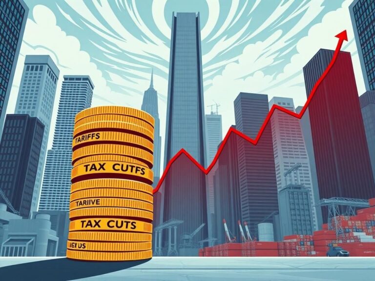 Flick International A bustling financial district depiction featuring skyscrapers and economic symbols related to tariffs and taxes