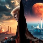 Flick International A dramatic split landscape depicting ideological divide between Donald Trump and Elon Musk