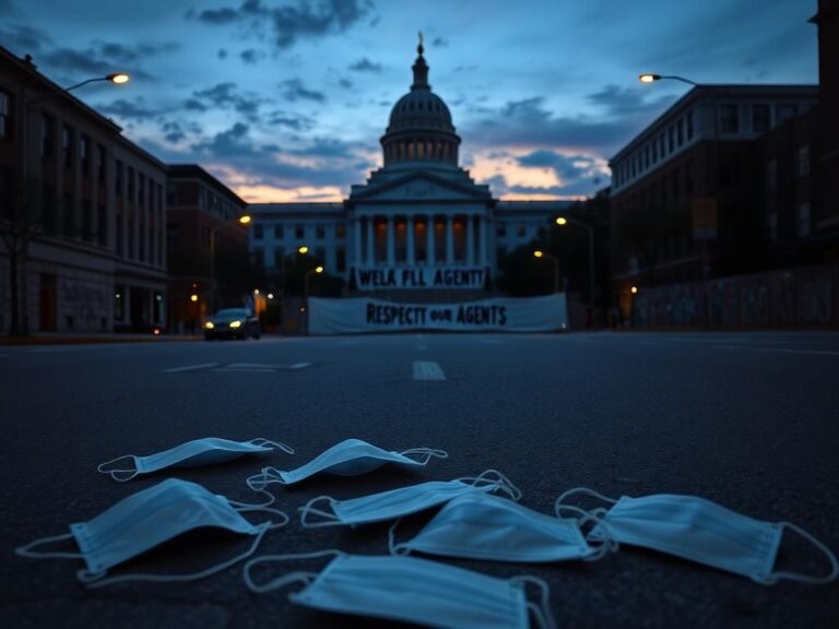 Flick International Empty masks scattered on pavement against an urban backdrop symbolizing law enforcement and health mandates
