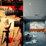 Flick International Split image contrasting media bias with a vibrant microphone and muted reception area.