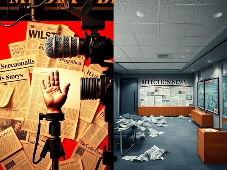 Flick International Split image contrasting media bias with a vibrant microphone and muted reception area.