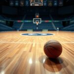 Flick International Empty WNBA court with a basketball near the three-point line, symbolizing pause and tension