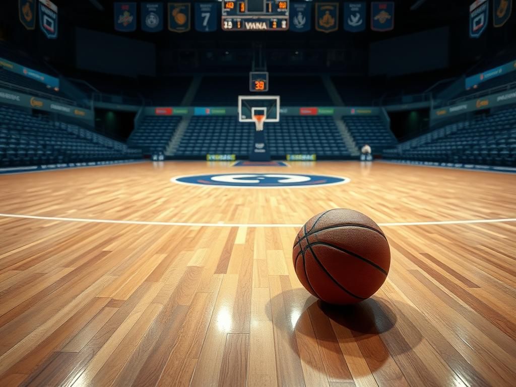 Flick International Empty WNBA court with a basketball near the three-point line, symbolizing pause and tension