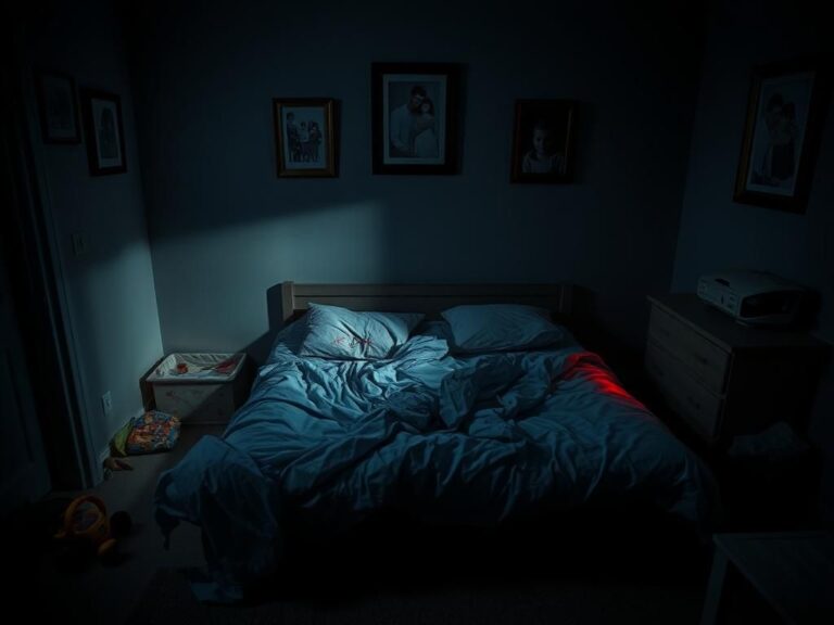 Flick International Dimly lit bedroom scene with signs of conflict and emotional turmoil