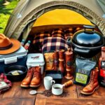 Flick International A flat lay of American-made Father's Day gifts on a rustic wooden table, featuring a Stetson hat, Lodge cast iron pan, and Red Wing boots.