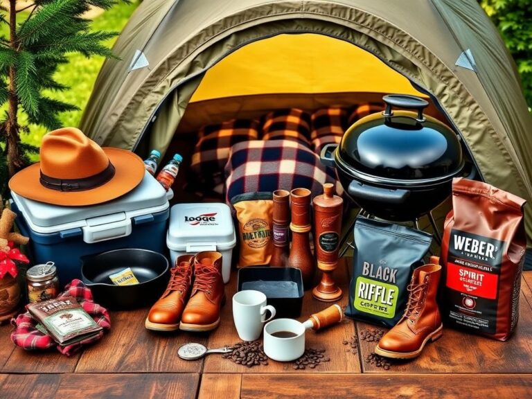 Flick International A flat lay of American-made Father's Day gifts on a rustic wooden table, featuring a Stetson hat, Lodge cast iron pan, and Red Wing boots.