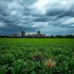 Flick International A dramatic view of Michigan's farmland under a tense sky, contrasting healthy crops with withered plants