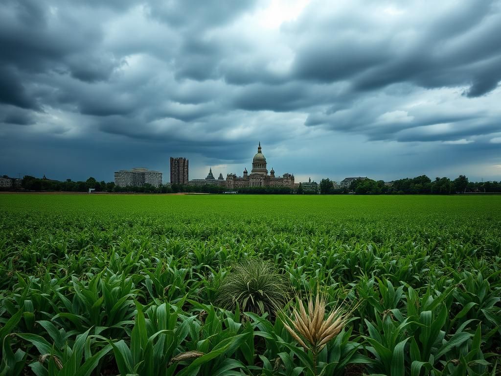 Flick International A dramatic view of Michigan's farmland under a tense sky, contrasting healthy crops with withered plants
