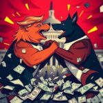 Flick International Abstract representation of a political brawl symbolized by two large, intertwined dogs in a fierce clash